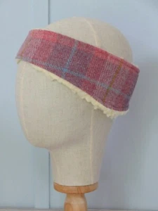 Harris Tweed Headband , Pink Purple checked lined with Cream Fleece. - Picture 1 of 5