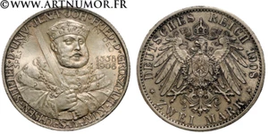 Allemagne - Saxe Weimar Eisenach, 2 Mark 350ème anniversaire 1908 Berlin - Picture 1 of 1