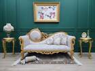 Victorian Chaise Lounge/ Aged Gold Leaf Hand Carved Frame/Tufted Tan and white