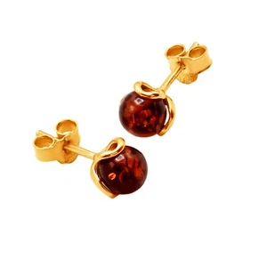 14k Pure Solid Yellow Gold Honey Baltic Amber Flower Designer Small Stud Earring - Picture 1 of 14