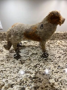Antique Steiff Straw stuffed dog Glass Eyes Metal Wheels Pull Toy Mohair Spaniel - Picture 1 of 11