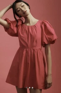 Anthropologie Puff-Sleeve Romper Dress Sz 8 Hot Pink Cottage Poplin Feminine - Picture 1 of 10