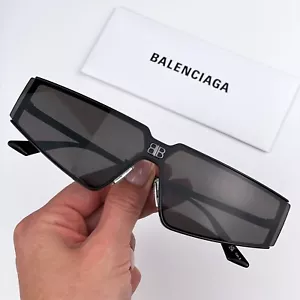 Balenciaga Women Sunglasses Shiny Black Grey Rectangle BB0192S 001 BEW - Picture 1 of 13