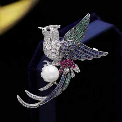 Gorgeous Swallow Bird Design Round Cut Ruby, Emerald Pearl & Sapphire Brooch Pin - Image 1 of 4