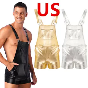 Men Jumpsuit Shorts Hot Pants Shiny Metallic Wide Shoulder Straps Bib Overall - Picture 1 of 24