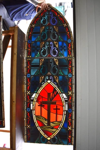 Older 4 Panel Stained Glass Church Window, 'The Crucifixion' (CU54) chalice co Cover