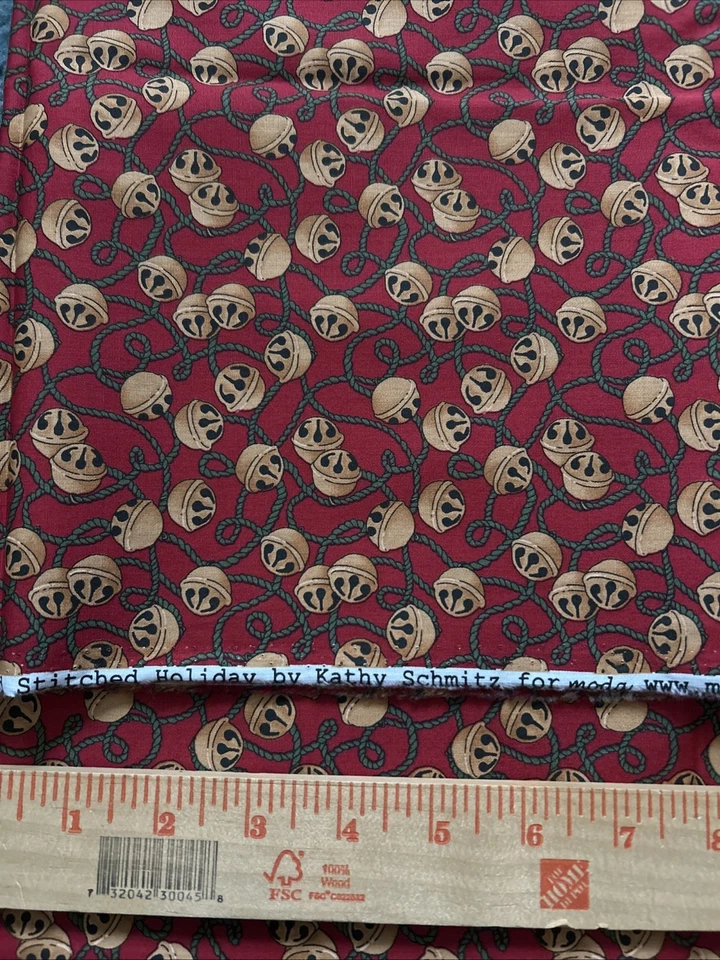 Hand Stitched Holiday By Kathy Schmitz For Moda 2 Yd Cut Jingle Bells On Red - Image 1 of 1