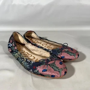 SAM EDELMAN Felicia Floral Embroidered Ballet Flats Bow Charm Black Pink Sz 7 - Picture 1 of 13