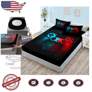 Cool Gamer Bedding Twin 3pc Microfiber Fitted Sheet+2 Pillowcases Black-Red - Picture 1 of 6