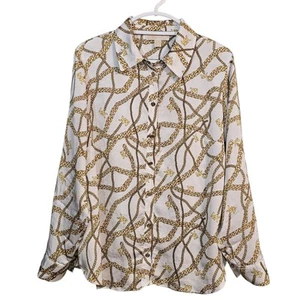 MICHAEL MICHAEL KORS Womens White Chain Logo Roll-tab Sleeve Button Up Top 1X - Picture 1 of 13