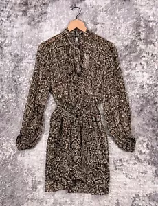 New Zara Dress Small Womens Reptile Long Sleeve Pussybow Belted Mini - Picture 1 of 9