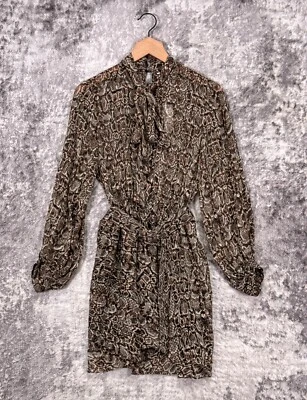 New Zara Dress Small Womens Reptile Long Sleeve Pussybow Belted Mini - Image 1 of 4