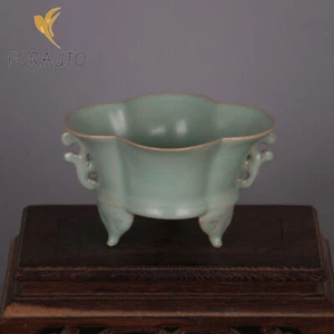 Bruciatore di incenso tre piedi porcellana 4,7" China Song Ru forno smalto verde top fantasia - Foto 1 di 8