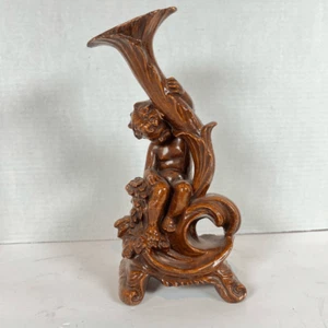 Vintage Wood Carved Cherub Angel Candle Holder 8 inches Tall Made in Italy - Picture 1 of 12