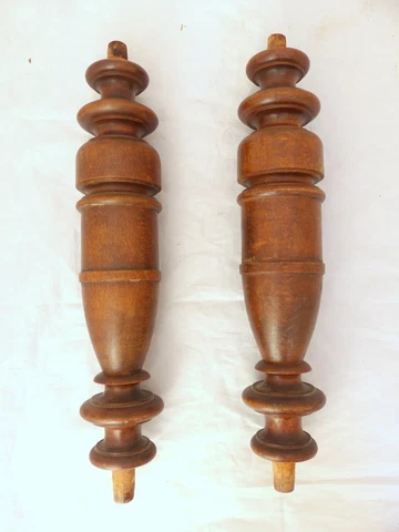 19TH French Antique Pair Turned Carved Walnut Wood Pillar Column 13.7" Cover