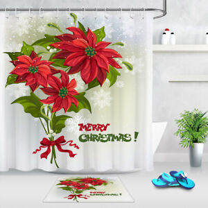 Merry Christmas Floral Poinsettia Snowflakes Shower Curtain Set Bathroom Decor