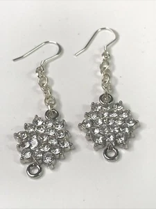 Floral Snowflake Crystal Silver Tone Dangle Earrings Handmade USA - Picture 1 of 2