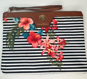 "Borsa bikini Tommy Bahama floreale nera a righe bianche con polsino cerniera piccola borsa 10,5" - Foto 1 di 14