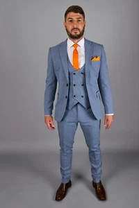 Mens Suit Sky Light Blue Check Three 3 Piece Wedding Groom Races STRETCH FIT 3PC - Picture 1 of 20