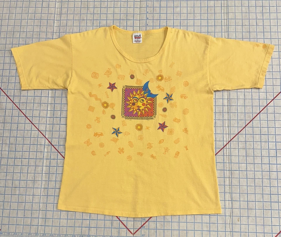 Vintage 90s Celestial T Shirt Women’s Large Yellow Top Sun Moon Zodiac Tribal - Image 1 of 4