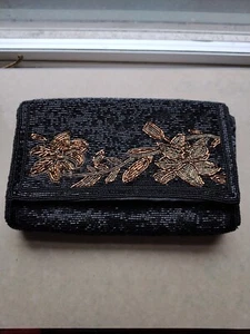 Vintage schwarz mit Gold Blume Perlen Damen Clutch mit Kordelriemen - Bild 1 von 4