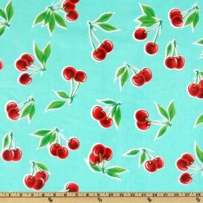 Oilcloth Fabric Stella Cherries Aqua Pattern Sold in Yard or Bolt - Image 1 of 2