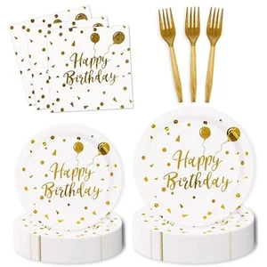 80 Pcs Happy Birthday Paper PlatesWhite and Gold Metallic Foil Polka Dots Des... - Picture 1 of 6