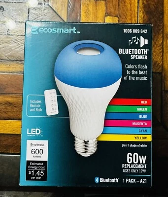 Ecosmart LED Light Bulb A21 Speaker w/Bluetooth 60W Color Changing and Remote - Image 1 of 4