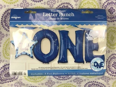 Fun To Be One 4 Pack Foil Letter Balloons Baby Boy Birthday Blue - Image 1 of 2