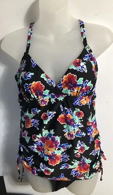 Tropical Escape Women's Black Floral Shirred Fauxkini Swimsuit - Size 8 NEW $84 Foto 1 de 4