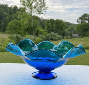 Blenko Glass Large Centerpiece Bowl Ruffled-Edge Turquoise Crackle 6840 - Picture 1 of 16