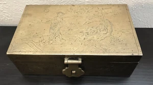 Vintage Chinese Woodlined Brass Box with Engraved Mythological Scene - Picture 1 of 10