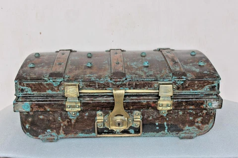 Iron Trunk Brass Lock Trunk Box Storage Old Vintage Antique Collectible BI-47 Cover