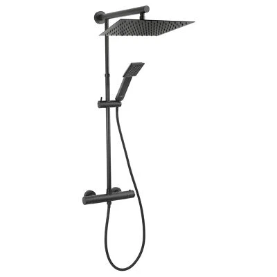 Set doccia a pioggia con termostato rubinetto doccia sistema doccia soffione nero angolare - Immagine 1 di 4