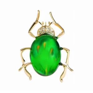 GREEN BEETLE PIN 1.5" Cute Enamel Bug Insect Brooch Rhinestone Gold Plate NEW - Picture 1 of 4