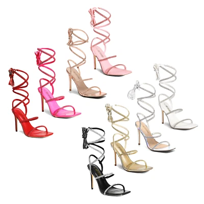 Women's Must-Have Tie-Strap Stiletto Heel Sandals with Glittering Design - Image 1 of 4