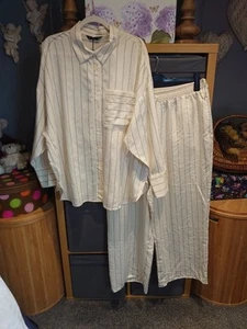 F&F TESCO BNWT SIZE 18/22 CREAM/OFFWHITE PINSTRIPE SHIRT&WIDELEG TROUSERS COORD - Picture 1 of 24