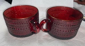 2 Vintage Cupcakes and Cashmere Velvet Red Hobnail Glass Mug Handle & Gold Rim - Picture 1 of 8
