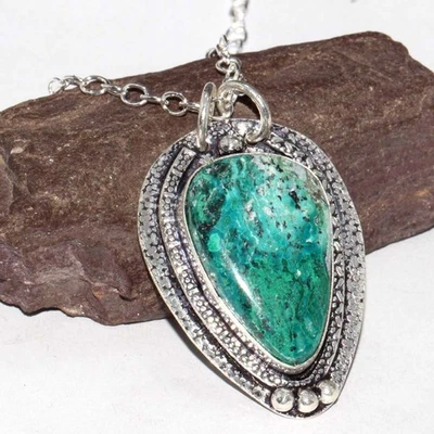 Enorme collar de piedras preciosas enchapadas en plata 925 de crisocola malaquita 17" GW Foto 1 de 3