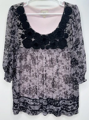 ECI Floral Appliqué Babydoll Top Whimsigoth Fairycore Flowy Lined Women’s 12 - Image 1 of 4