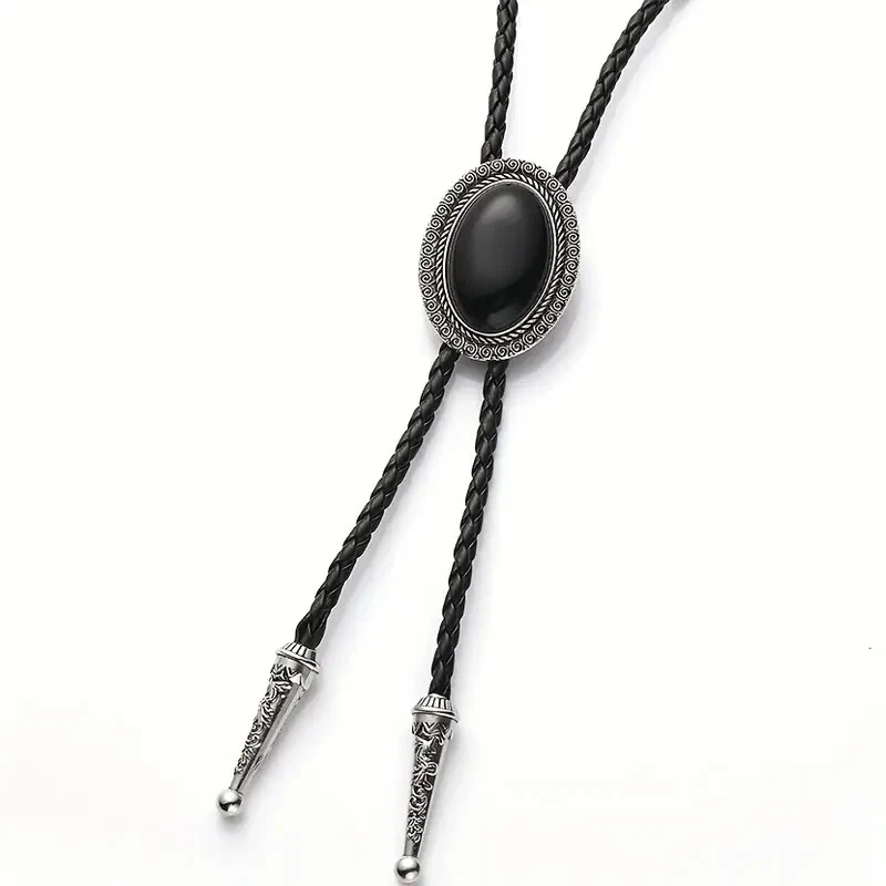 BOLO TIE #120 - Black Stone with Silver Border and ornate tips - Image 1 of 1