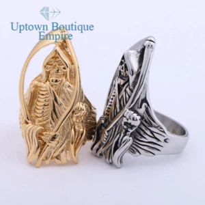 Biker Goth Death Skull Grim Reaper Men's Stainless Steel Ring Size:8-13 #IE - Picture 1 of 5