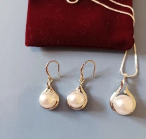 White Faux Pearl & Crystal Drop, Silver-plate Pendant Necklace & Earrings Set. - Picture 1 of 24