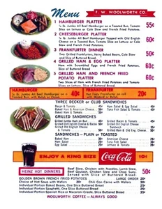 F.W. WOOLWORTH LUNCH COUNTER MENU 8x5x11 GLOSSY REPRINT VINTAGE - Picture 1 of 1