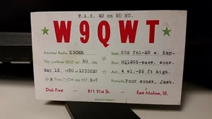 amateur ham radio QSL postcard W9QWT Dick Frest 1960 East Moline Illinois - Foto 1 di 1