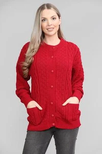 Women Ladies Cable Chunky Knit Cardigan Button Long Sleeves 2 Pocket Sweater - Picture 1 of 28