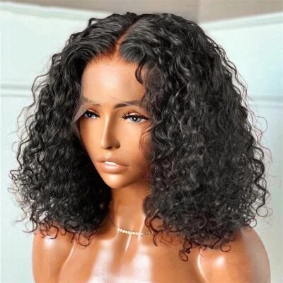 Short 4X4 Lace Front Remy Human Hair Wig Curly Wave Black Wigs Glueless Natural - Image 1 of 4