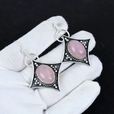 Quarzo Rosa Orecchino 925 Argento Sterling Mano Gioielli Bello Regalo per Lei - Immagine 1 di 4
