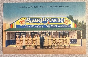 EVANSVILLE IN - BAUGHS BAR-B-Q & Staff GREAT 1940s LINEN ROADSIDE Ad Postcard - Picture 1 of 2