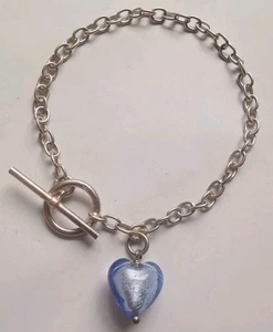Sterling Silver Foil Glass Love Heart T-Bar Bracelet . R8M - Picture 1 of 2